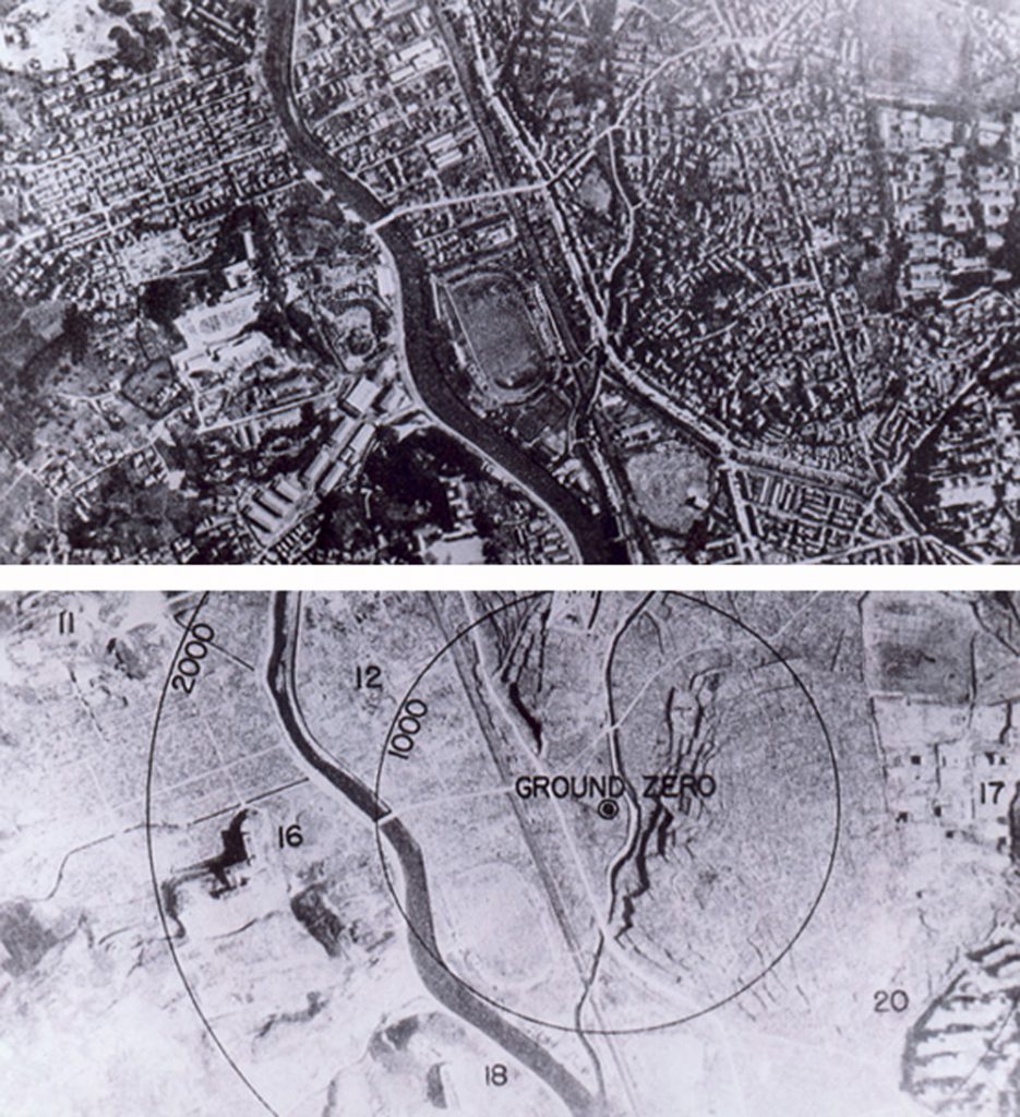 Before and after shots of Nagasaki at the epicentre of the atom bomb in 1945